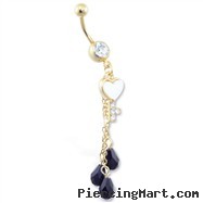 Gold Tone jeweled belly ring with dangling heart key and black stones