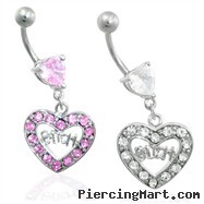 Jeweled heart belly ring with dangling heart and "BITCH"