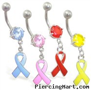 Navel ring with dangling colored ribbon