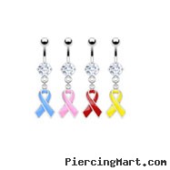 Jeweled navel ring with dangling colored ribbon