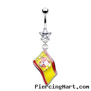 Belly button ring with dangling Spanish flag