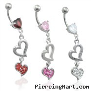 Jeweled heart belly ring dangling double hearts