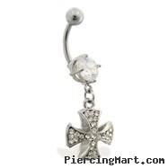 Navel ring with dangling jeweled celtic cross