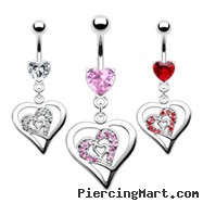 Jeweled heart belly ring with dangling triple heart