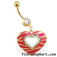 Gold Tone navel ring with large dangling jeweled striped heart