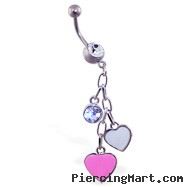 Jeweled navel ring with dangling heart and gem charms