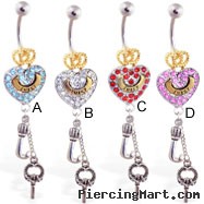 Jeweled gold-plated crown and heart navel ring with dangling letter J and key