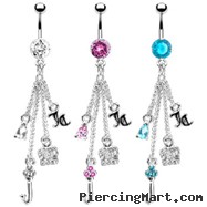 Jeweled navel ring with dangling chains and charms