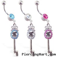 Navel ring with dangling jeweled "Juicy" key