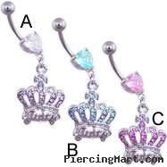 Jeweled heart navel ring with dangling jeweled crown with "Juicy"