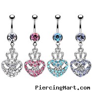 Navel ring with dangling jeweled crown heart with "JUICY"