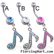 Navel ring with dangling jeweled music note