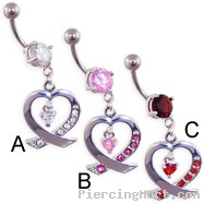 Jeweled navel ring with heart dangle