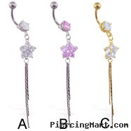 Jeweled navel ring with dangling flower and chains