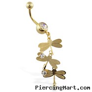 Gold Tone jeweled belly ring with triple dragonfly dangle