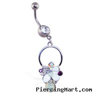 Jeweled belly ring with dangling jeweled multi-colored flower on circle