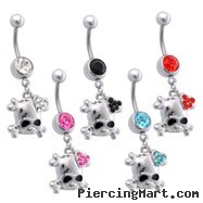 Jeweled Navel Ring with Dangling Skull with Jeweled Heart