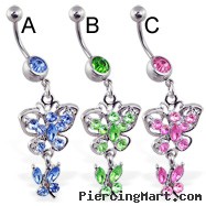 Jeweled navel ring with dangling jeweled butterflies