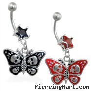 Jeweled star navel ring with dangling skull butterfly