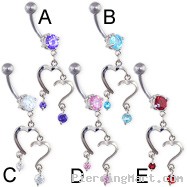 Navel ring with double heart dangle and gems