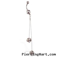 Navel ring with dangling crystal balls on chains