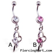 Navel ring with dangling twisty heart and gem