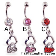 Jeweled navel ring with double heart dangle