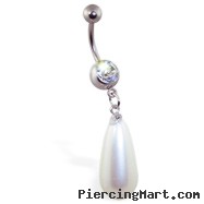 Jeweled Navel Ring with Large Dangling Teardrop Pearl