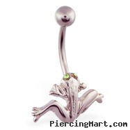 Leaping frog belly ring with jeweled green eyes