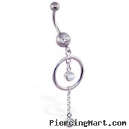 Jeweled navel ring with dangling circle and pearls