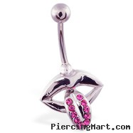 Lips belly ring with pink jeweled tongue dangle