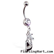 Navel ring with dangling jeweled cat and steel cat back