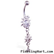 Navel ring with dangling jeweled ladybugs and flower