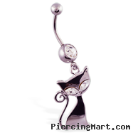 Navel ring with dangling jeweled steel cat