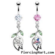 Jeweled navel ring with dangling jeweled tulip