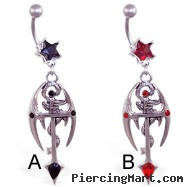 Jeweled star navel ring with dangling dragon and cross