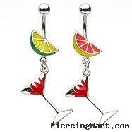 Fruit navel ring with dangling flaming martini glass