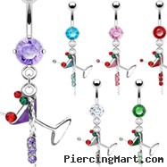 Jeweled belly ring with dangling martini glass and jeweled chain