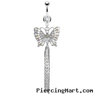 Navel ring with dangling jeweled butterfly with chain dangles