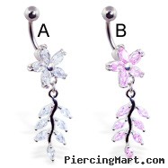 Flower belly ring with dangling jeweled vine