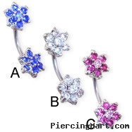 Navel Ring with Double Jeweled Flower Ends