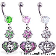 Navel ring with dangling jeweled clover and heart