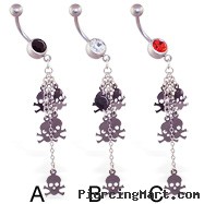 Jeweled belly ring with dangling skulls and chains