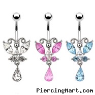 Fancy butterfly belly ring with jeweled teardrop dangle