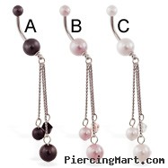 Double Pearl Belly Ring with Pearl Dangle