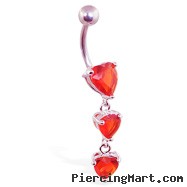 Belly ring with triple red heart dangle