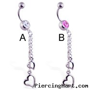 Navel ring with dangling steel hearts