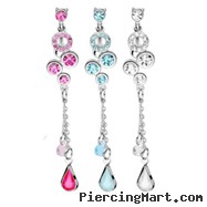 Reversed belly ring with dangling jeweled gems, chain and teardrop