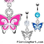 Jeweled navel ring with dangling colored butterfly