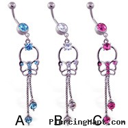 Navel ring with dangling jeweled circle and butterfly